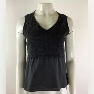 Anthropologie Sz PL Eyelet Hi Low Hem Top Black 100% Cotton V Neck Tank